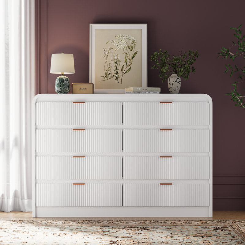 Ato 8-Drawer Dresser 52"W Double Dresser With Waveform Fluted Panel, White