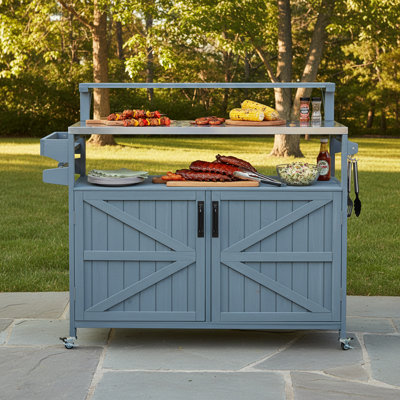 Îlot de cuisine extérieur, chariot à roulettes et armoire de rangement, table de barbecue d'extérieur en bois massif avec plateau en acier inoxydable, support à épices, support à serviettes pour cuisine et barbecue, gris bleu