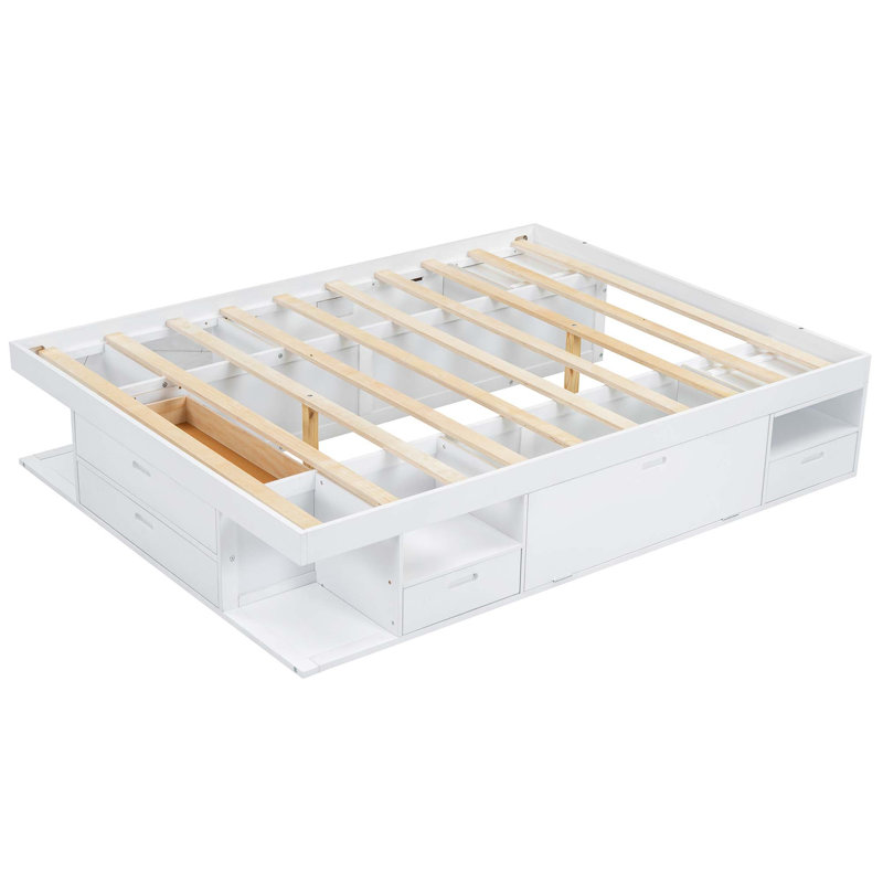 Base de lit plateforme de rangement avec plusieurs tiroirs et tablettes