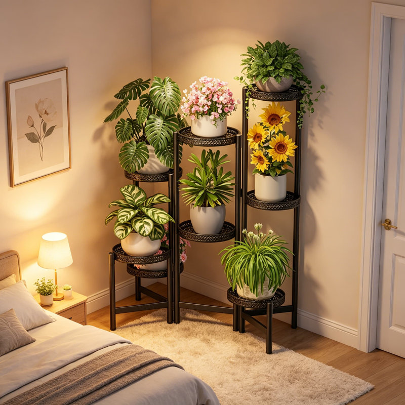 Support à plantes à 8 niveaux pour intérieur et extérieur, pot à fleurs robuste en fer forgé et pliable, présentoir décoratif pour patio, noir