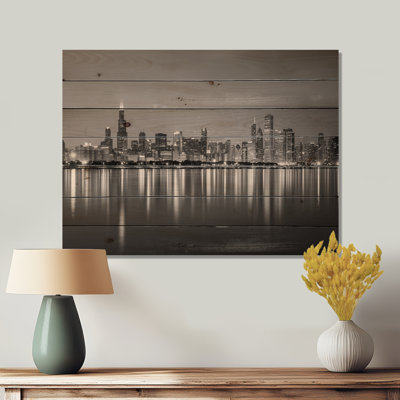 «Chicago Skyline at Night Black and White» - reproduction de photo