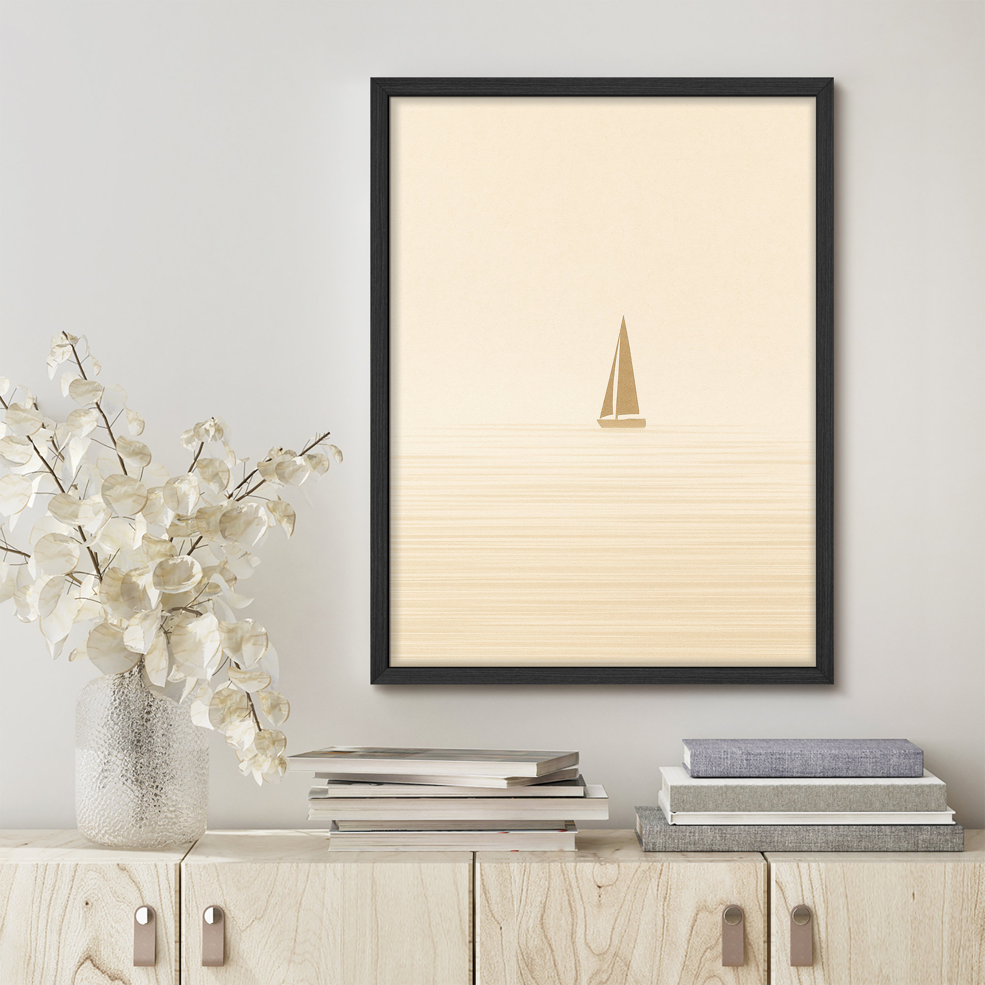 SIGNLEADER Framed Wall Art Print - Minimalist Sailboat on Cream Horizon ...