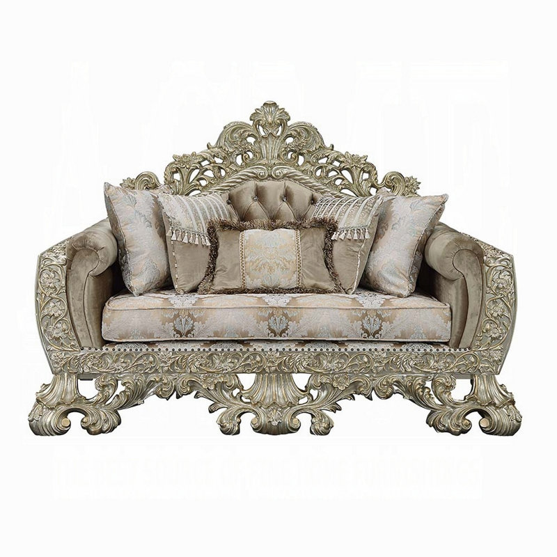 Causeuse Esen Ornate, 5 coussins décoratifs, or, velours brun touffeté