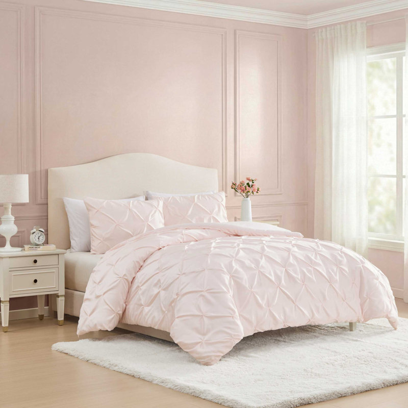 Laura Ashley Solid Satin Pintuck Reversible Comforter Set, Twin XL Comforter + 1 Standard Sham, Pink
