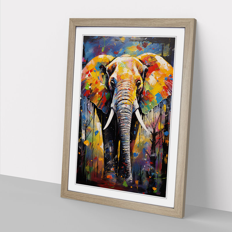 Elephant Expressionism No.3 - Single Picture Frame Print on Wood, 64cm H x 46cm W x 2cm D, Oak