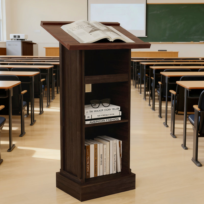 44.48"H Podium Stand With Storage, Vintage Lectern Podiums With Heavy Base And Shelves, Pulpit Podium For Lecture, Churches, Seminars And Schools, Dark Brown