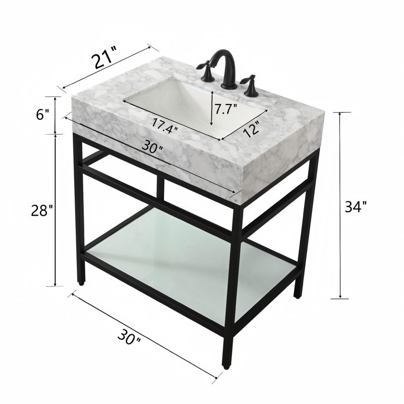 30" Natural Carrara Marble Console Bathroom Vanity with Sink, Black Stainless Steel Frame and Glass Shelf, Black, 30"