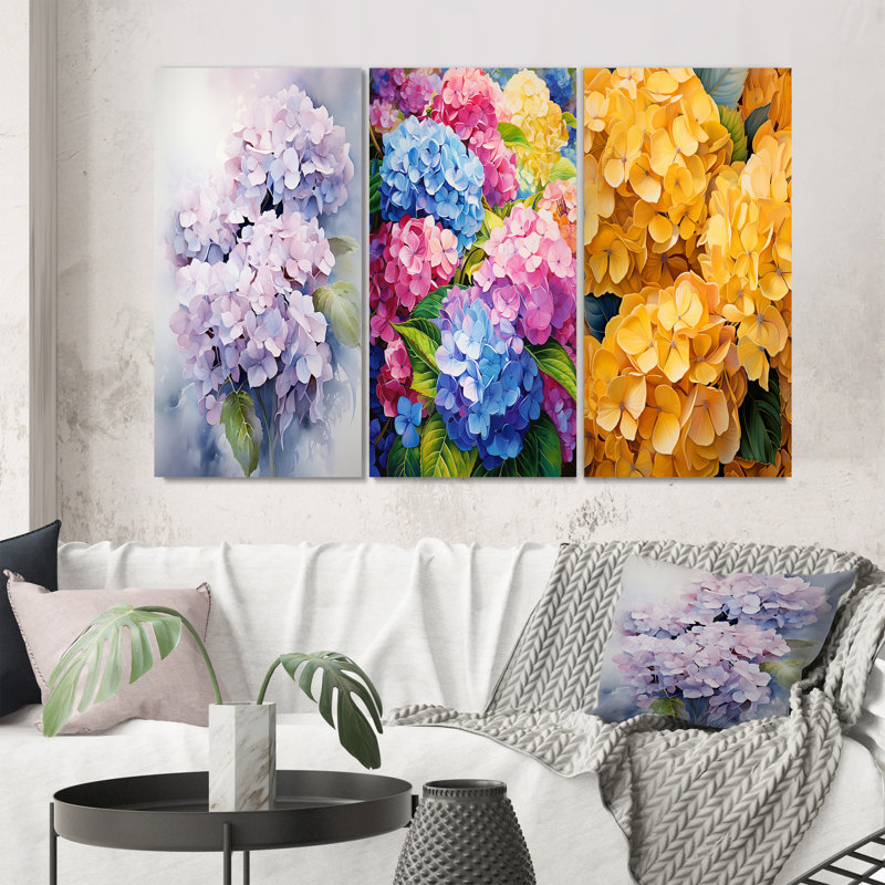 «Purple Hydrangea Graceful Whispers», 3 pièces sur toile, Toile tendue, H 28 po x l 36 po