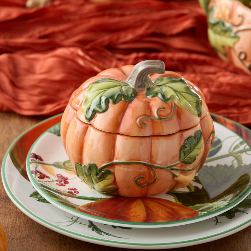 Ensemble de 2 bols à soupe en forme de citrouille avec couvercles Harvest Fields, ensemble de 2 bols recouverts de céramique pour les décorations d'automne de l'Action de grâce, service de table d'automne, cadeau de cuisine des Fêtes, va au micro-ond