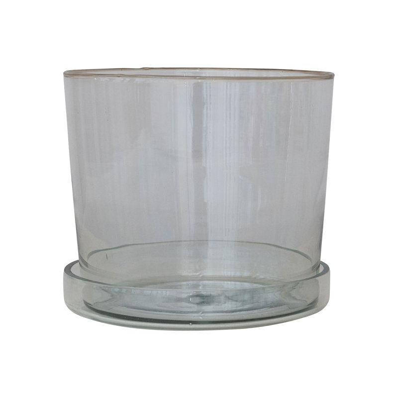 Large Hand-Blown Glass Planter With Drainage Hole And Saucer, 7.25" H x 8" W x 8" D