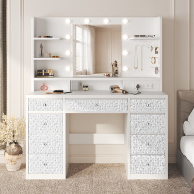 Coiffeuse avec miroir lumineux DEL, station de recharge (prises de courant, ports de type C et USB-A), 9 tiroirs