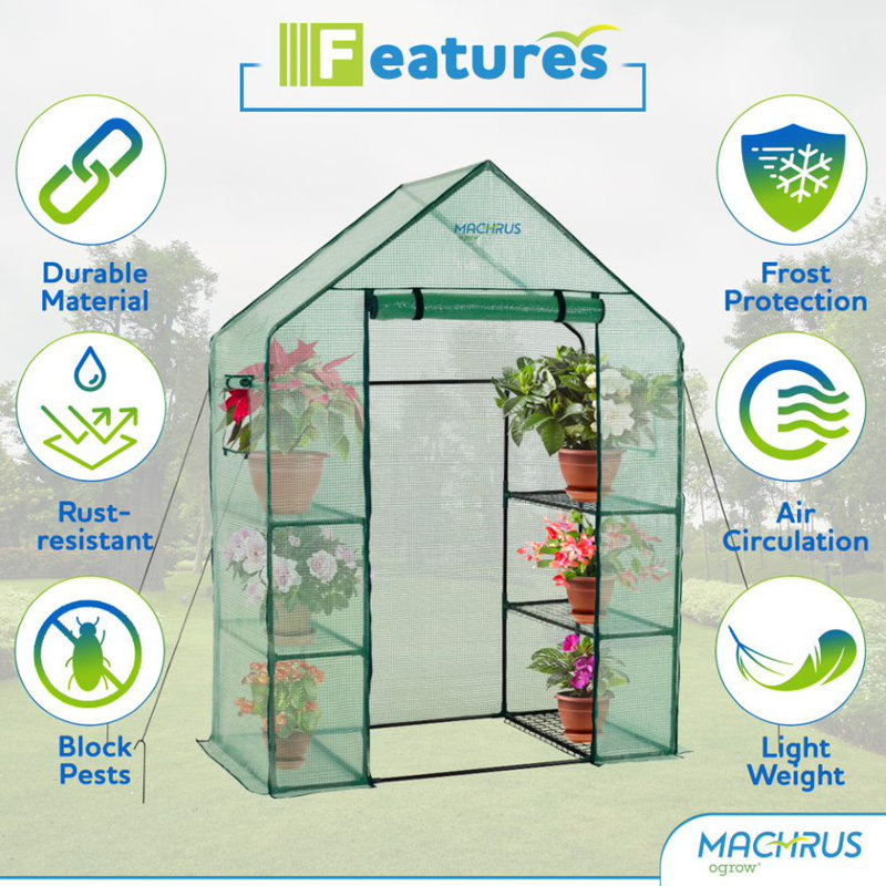 Green 77" Tall Portable Walk-In Greenhouse with Shelves