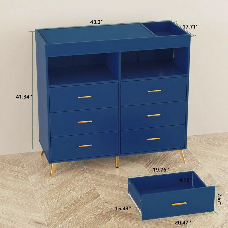 Baby Changing Table Dresser with Power Outlet & LED Light, 6-Drawer Nursery Organizer with Metal Feet, Blue