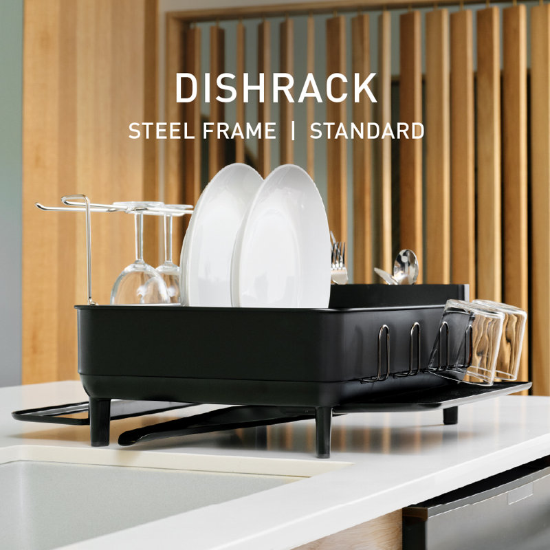 simplehuman Kitchen Dish Drying Rack with Swivel Spout, Fingerprint-Proof Stainless Steel Frame, Black