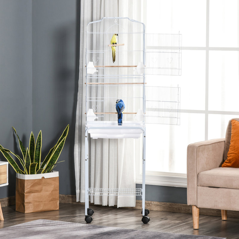 Ensemble de cage à oiseaux 60 po en métal avec support, blanc. Espace spacieux pour les perroquets. Portes faciles d'accès. Matériau. Nettoyage simple. Roues silencieuses portatives, petits oiseaux amovibles et spacieux. Accès pratique.