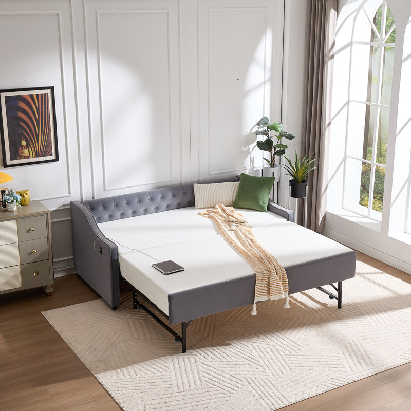 Lit de jour en velours avec couchette, port USB, poches latérales, Gris