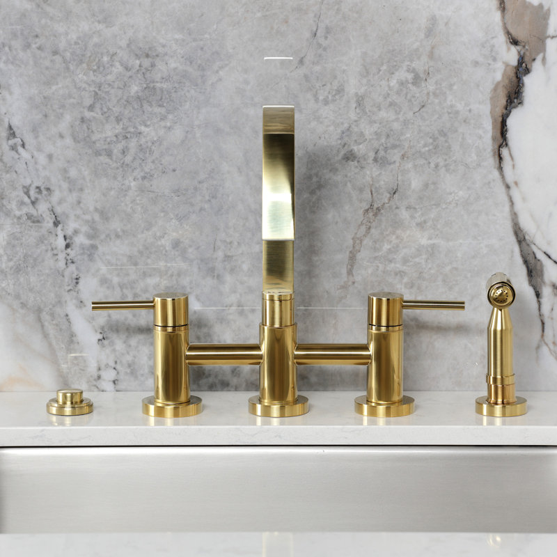 Kingston Brass Concord Two-Handle 4-Hole Deck Mount Bridge Kitchen Faucet with Brass Side Sprayer, Brushed Brass