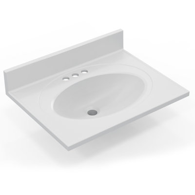 Plateau de meuble-lavabo simple blanc mat 25 po avec lavabo ovale intégré, dosseret, dosseret et trous de robinet central de 4 po