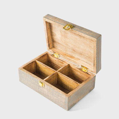 Boîte à souvenirs Toniyah en bois de manguier gris brûlé sculpté à la main, avec 4 compartiments