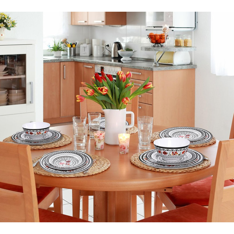 Retro Flower Black and White Melamine Dinnerware Set, Service for 4