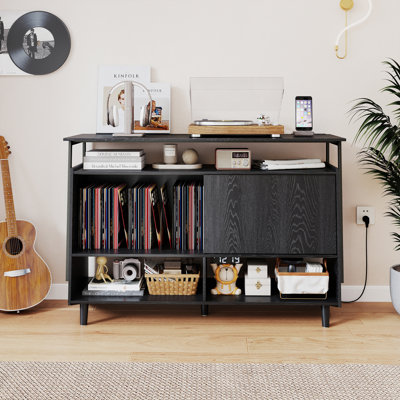 Large Record Player Stand With Sliding Door, Vinyl Record Storage Cabinet With Charging Station And Usb Ports