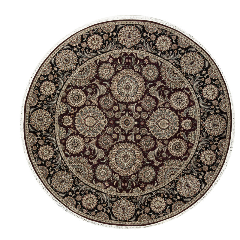 Tapis rond beige, noir et rouge noué à la main de haute qualité