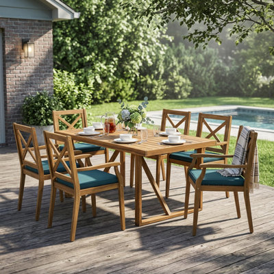 Ensemble de salle à manger d'extérieur en bois d'acacia 7 pièces avec coussins bleus, 6 grandes chaises et 1 grande table, ensemble de mobilier de salle à manger pour la pelouse, la cour, la terrasse du jardin, le bord de la piscine