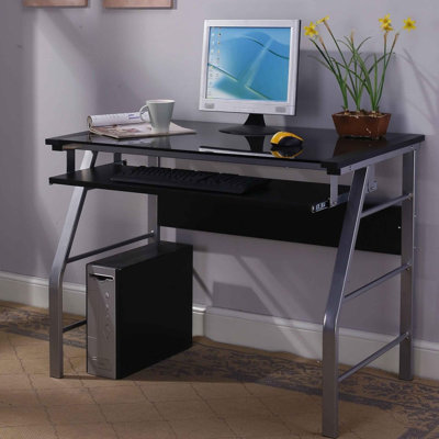 Brosley Contemporary Glass-Top Writing Desk with Full-Size Pull-Out Keyboard Tray and Sturdy Metal Frame