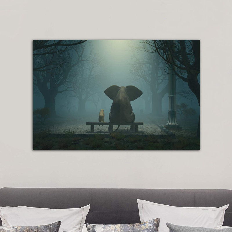 Elephant And Dog Sitting In A Gloomy Park by Mike Kiev - Wrapped Canvas Print, 101.6 cm H x 66.04 cm W x 3.175 cm D