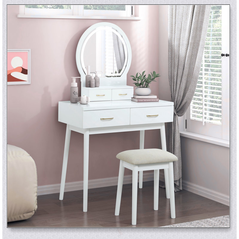 Luxury Vanity Dresser With LED Mirror And Stool, Ample Storage Drawers For Elegant And Functional Beauty Routine, White