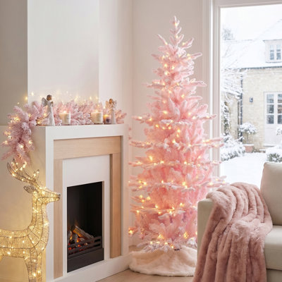 6ft Deluxe Pre-Lit Pink Flocked Slim Fir Artificial Christmas Tree – 260 Warm White & Multi-Color Lights, 9 Functions with Foot Pedal