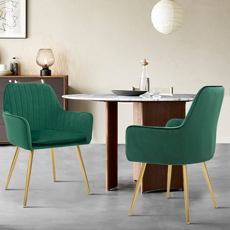 Chaises d'appoint luxueuses en velours vert avec pieds dorés, ensemble de 2 - Coussin amovible, fauteuils avec cadre en métal Glam pour la salle à manger et le salon