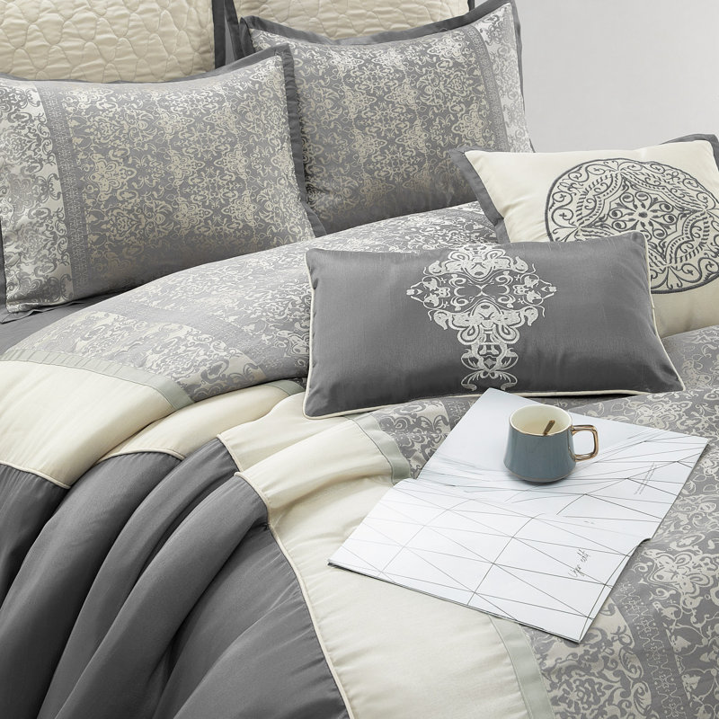 Arabesque 8 Piece Traditional Comforter Set, California King Comforter + 7 Additional Pieces, Silver/Ivory
