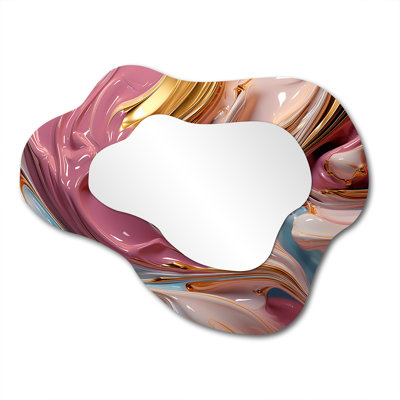 Fluid Magnificence Pink Gold  I - Liquid Ink Asymmetrical Large Mirror, Modern Cloud Decorative Wall Mirror, Printed Metal Art