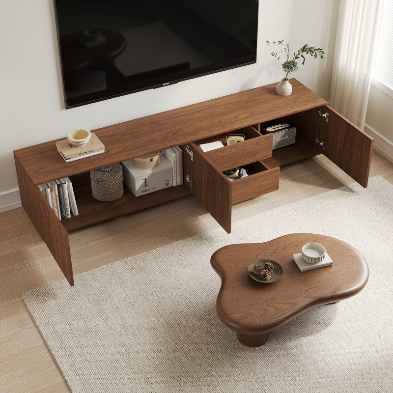 Ensemble de meuble télé de style Mid-Century en noyer moderne avec table basse Cloud, console multimédia 79 po avec rangement, table basse en bois de 48,4 po pour le salon