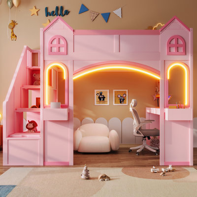 Lit mezzanine double pleine grandeur avec bureau, escalier de rangement, tablettes et lumière DEL, rose / rose clair
