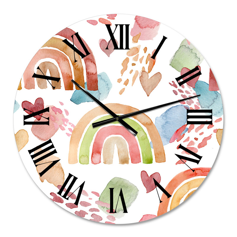 Multicolore arc-en-ciel, nuages et cœurs - horloge murale pour enfants, Petit