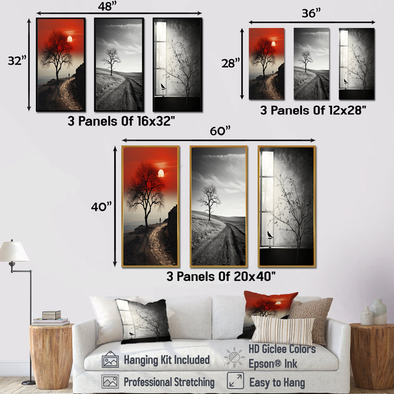 «Tree Lined Dreams» - ensemble d'art mural sur toile route de 4, Cadre flottant noir, H 32 po x l 48 po