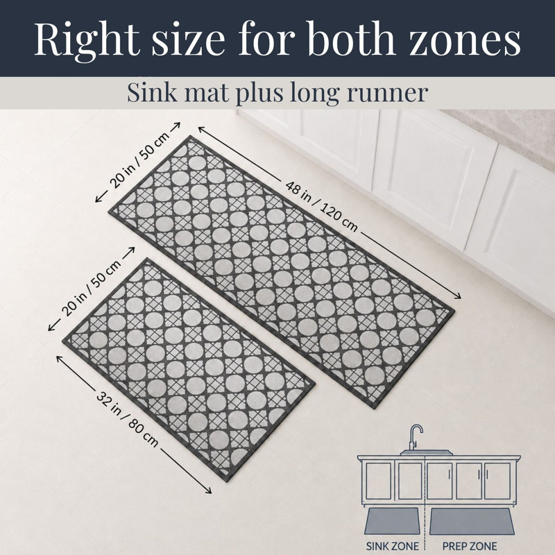 Circles Gray Kitchen Mat and Runner Set 20x32 and 20x48, Gray/Black Geometric