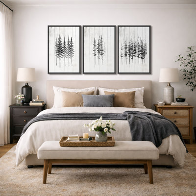 "Minimal Botanical", illustration de pins noirs et blancs, photos de bois de ferme rustique moderne, impression encadrée sur toile giclée, 3 pièces "16" x 24 "x 3 pièces, 24" x 36 "x 3 pièces
