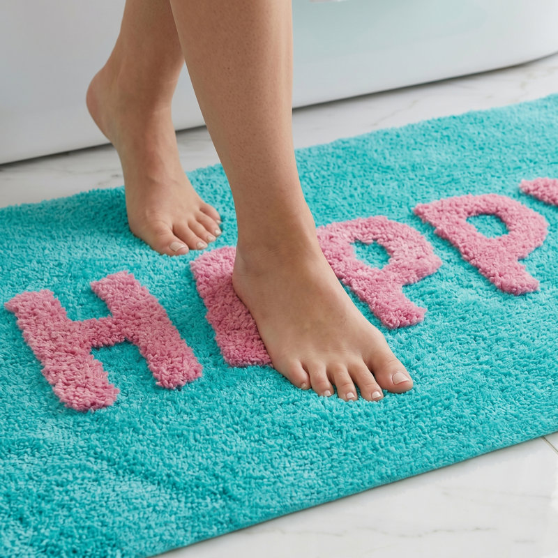 Happy Slogan Rectangle Bath Mat, Turquoise
