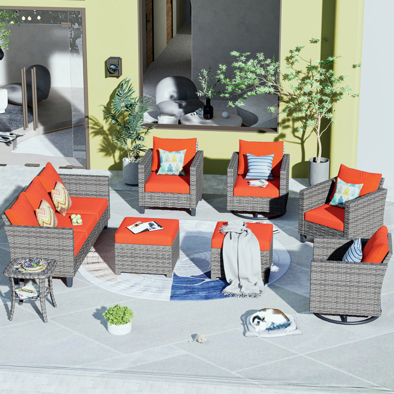 Ensemble de conversation en osier / rotin 7 personnes avec coussins GRST, Orange