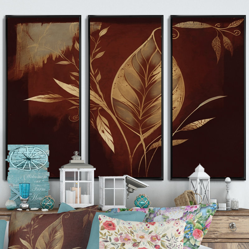 «Terra Cotta Chocolate Leaves IV», reproduction sur toile 3 pièces, H 28 po x l 36 po x P 1 po, Toile encadrée noire
