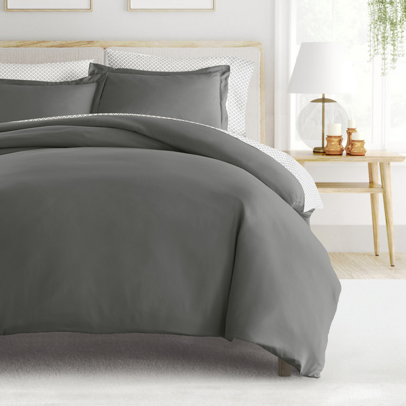 8-Piece Bedding Bundle - Solid Duvet Cover, Comforter Insert, and Patterned Sheet Set, Queen Bedding Bundle, Dark Gray Geo
