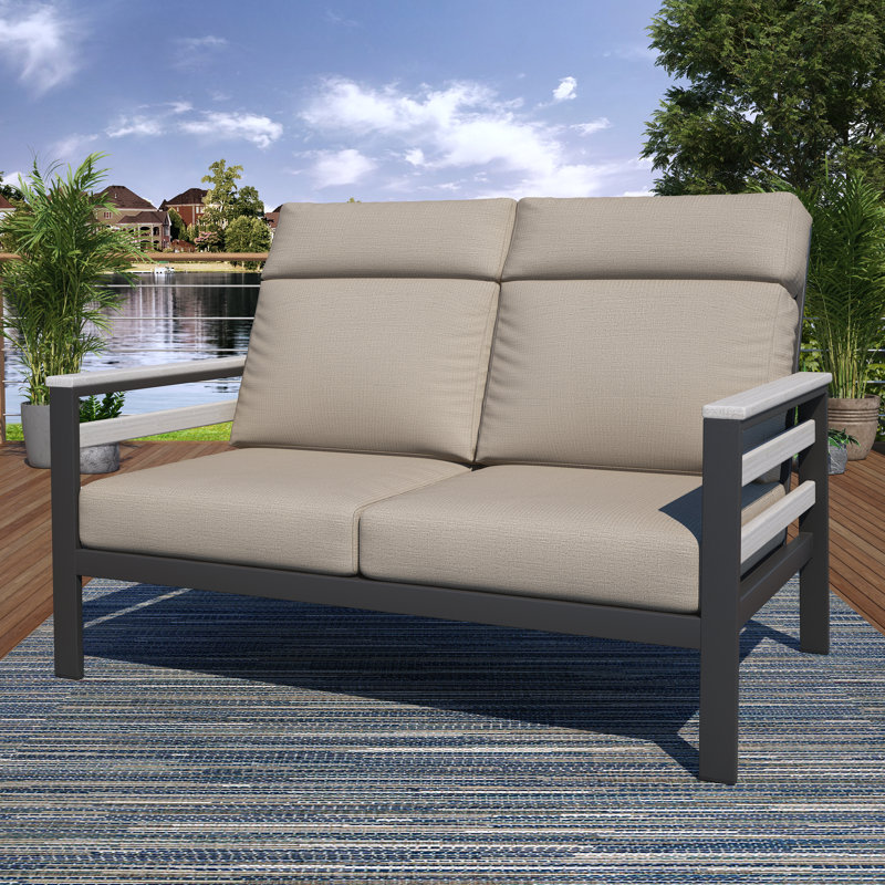 Townsend Metal Outdoor Loveseat With Sunbrella Cushion, Cast Silver, White