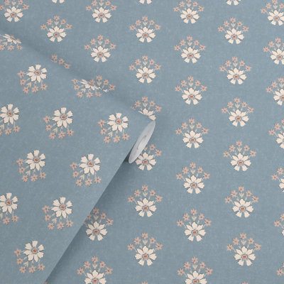 Laura Ashley Semington Floral Geo Newport Blue Wallpaper