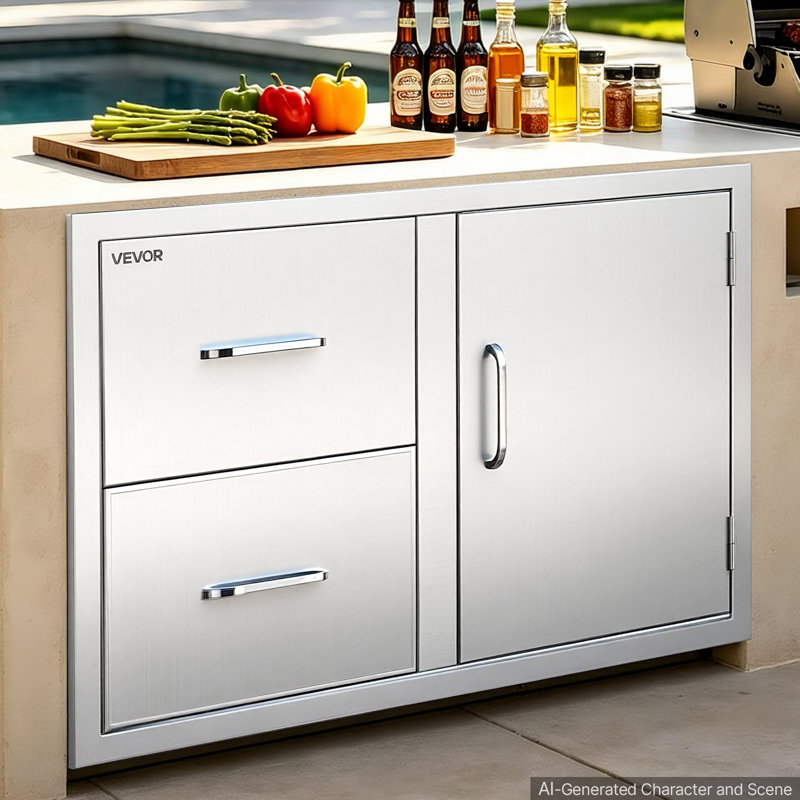 Outdoor Kitchen Drawer Combo, 32"W x 22"H x 20"D, 2 Drawers Storage, for BBQ Island Storage, Patio Bars and Grill Station, with Handle, Built-In BBQ Island Drawers Organize Cookware Accessories