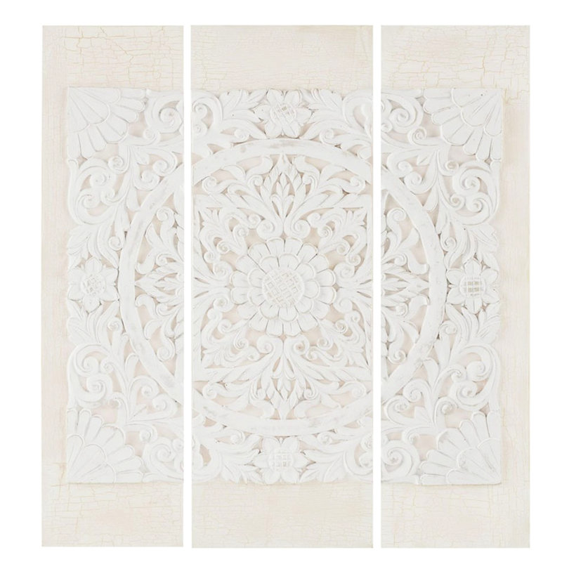 Art mural en résine sur toile, 3, texture vieillie, l 11,8 po x H 35,5 po au centre et 9,25 po sur les côtés, intérieur, art dimensionnel des cintres blanc, finition craquelée patinée, pièces latérales, utilisation à l'intérieur,