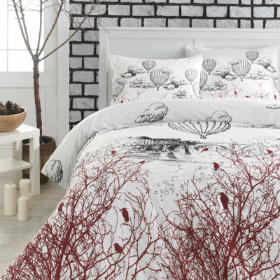 Ensemble de housse de courtepointe luxueuse Super King (3 pièces), blanc, noir et rouge brique | Housse de couette 65% coton / 35% polyester: 102,4 po x 86,6 po | 120 fils au pouce carré, lavable à la machine, fermeture à boutons élégante, conception douce et élégante
