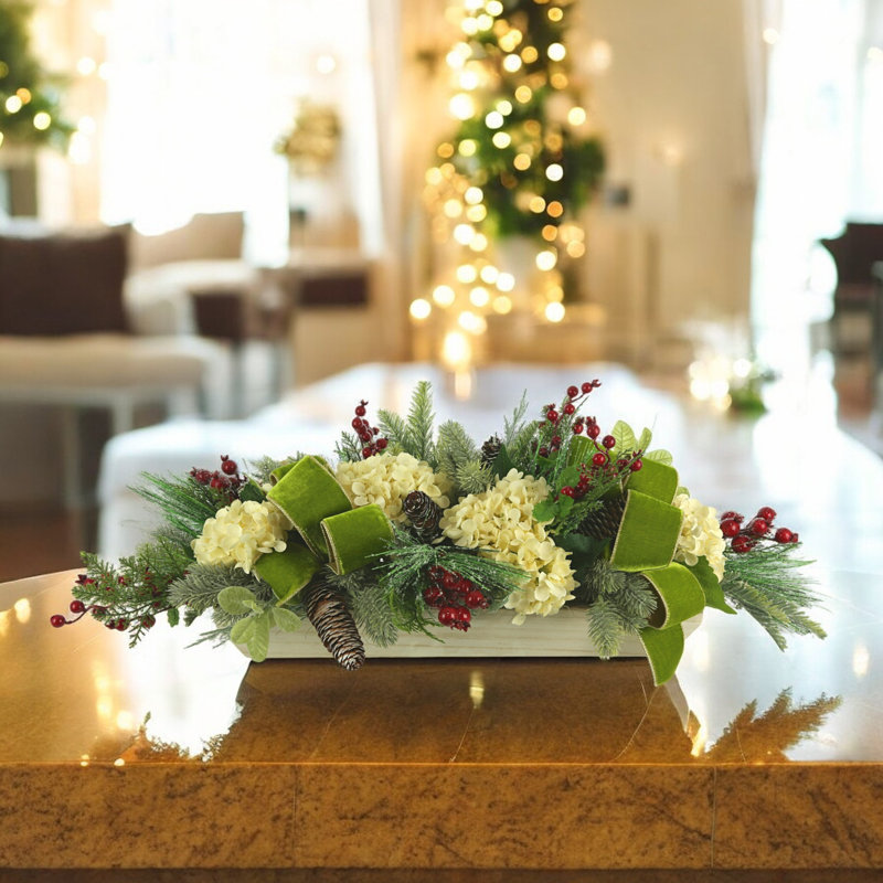 Holiday Arrangement with Hydrangeas, Ribbons and Berries